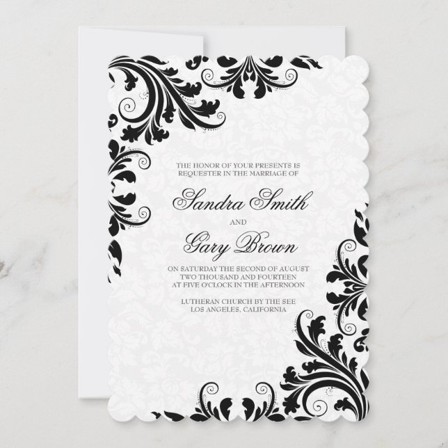 Invitación Elegante Boda de damascos blancos de encaje negro (Anverso)