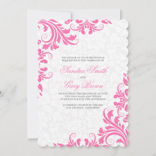 Invitación Elegante Boda de damascos blancos de encaje rosado (Anverso)
