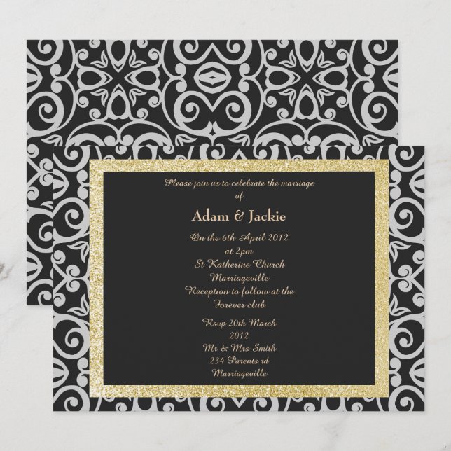 INVITACIÓN ELEGANTE BODA DE DEMASIADAS NEGRO PLATA MODERNA (Anverso / Reverso)