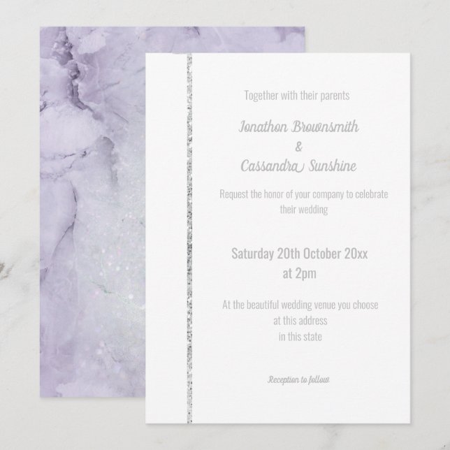 INVITACIÓN ELEGANTE BODA DE DERRAME DE MÁRMOL DE LILAC (Anverso / Reverso)