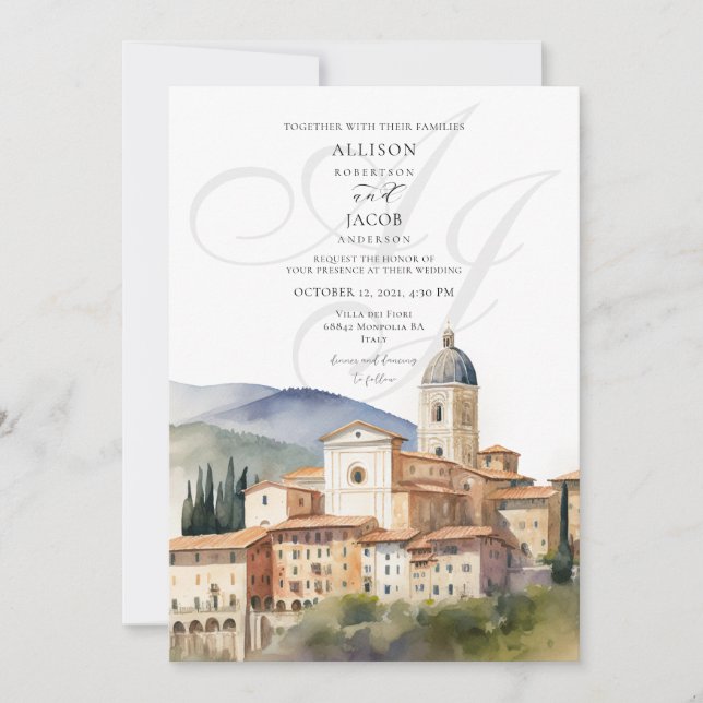 Invitación Elegante Boda de Destino de Monograma Italiano (Anverso)