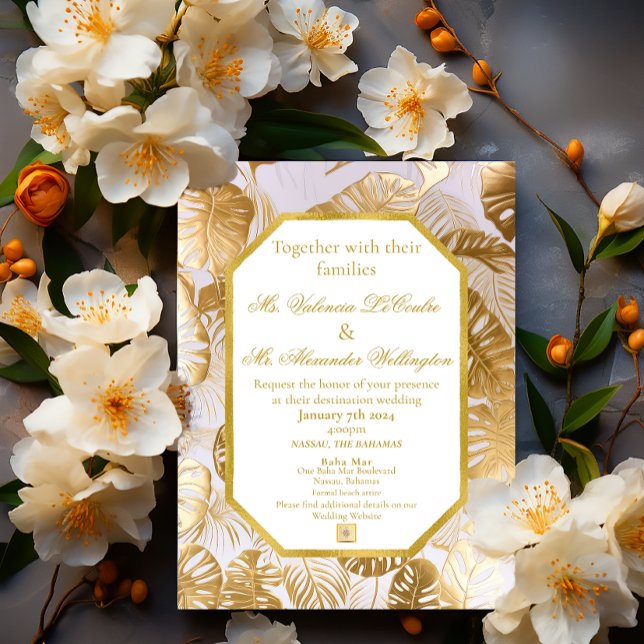 Invitación Elegante Boda de Destino Oro Dorado Monstera (Elegant Modern Destination Wedding Gilded Gold Monstera Leaf Invitation)