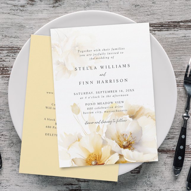 Invitación Elegante Boda de detalles de flores de oro amarill (Elegant White Yellow Gold Flowers Details Wedding Invitation)
