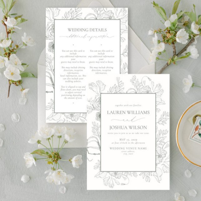 Invitación Elegante Boda de detalles de la línea floral verde (Subido por el creador)
