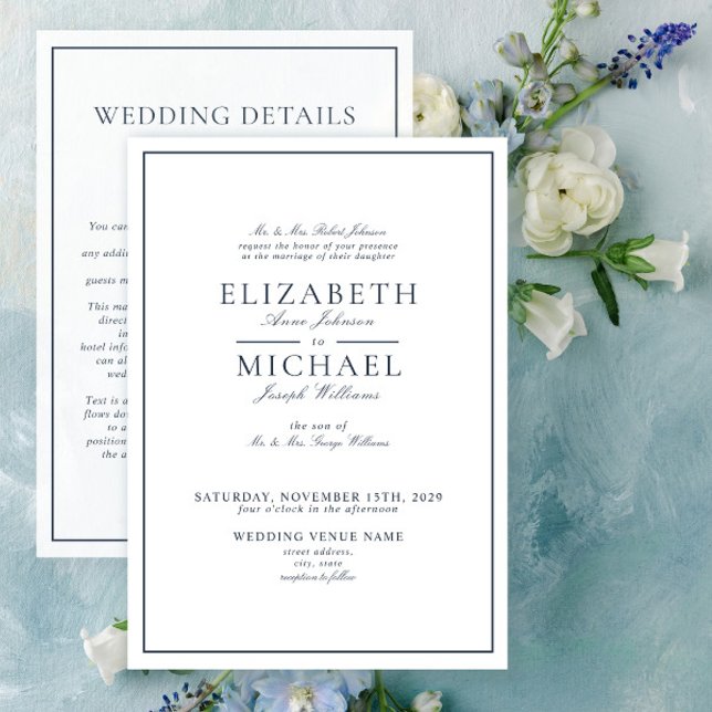 Invitación Elegante Boda de detalles del guión azul de la mar (Subido por el creador)