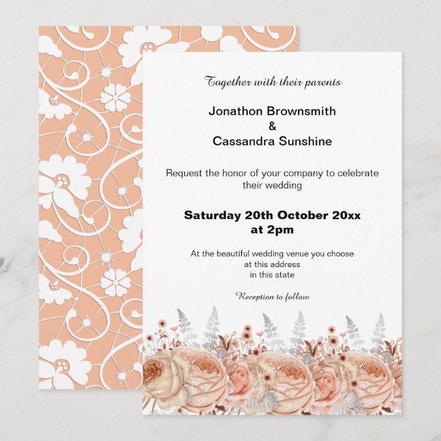 INVITACIÓN ELEGANTE BODA DE DIAMANTE FLORAL DE LACE LACE APRI (Anverso / Reverso)