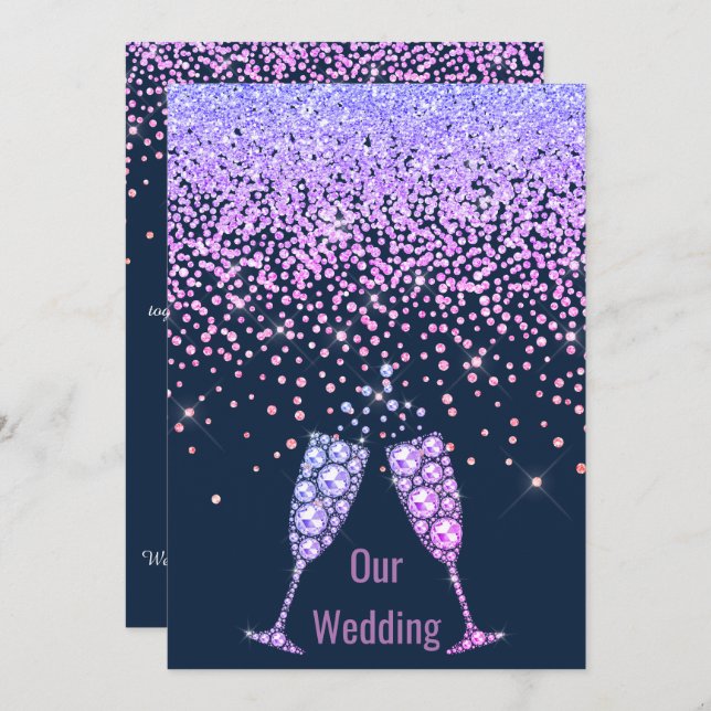 Invitación ELEGANTE boda de diamantes de cristal NAVY PURPLE (Anverso / Reverso)
