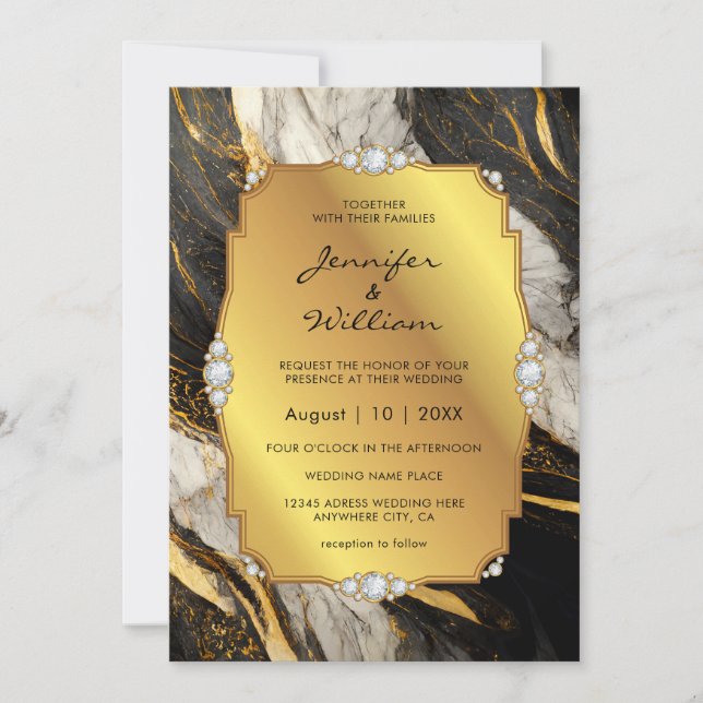 Invitación Elegante Boda de diamantes de mármol de oro negro (Anverso)