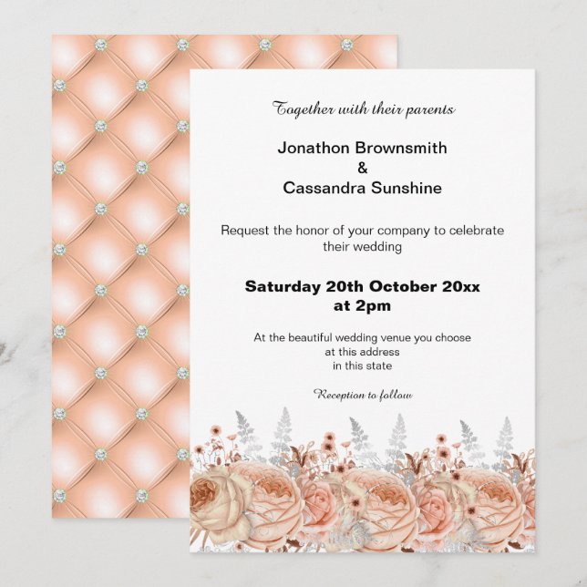 INVITACIÓN ELEGANTE BODA DE DIAMANTES FLORALES DE APRICOT PEA (Anverso / Reverso)