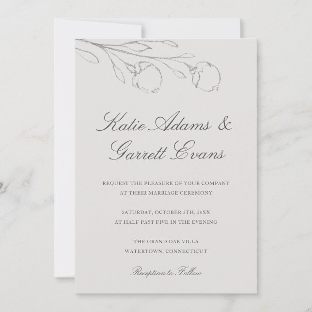 Invitación Elegante Boda de dibujo de lápiz gris Flores (Anverso)