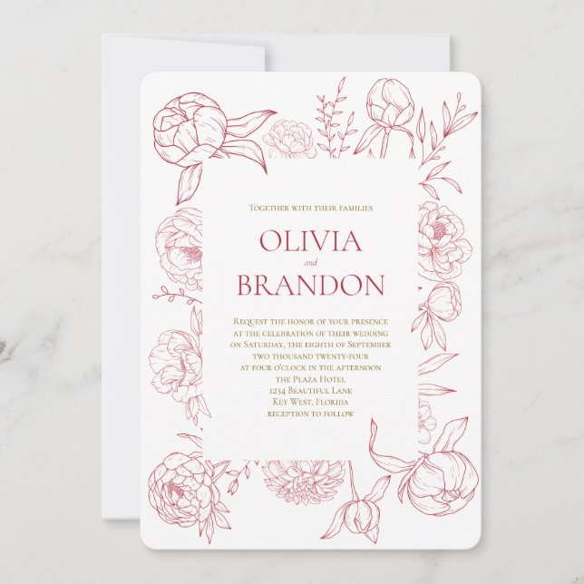 Invitación Elegante Boda de dibujo de línea floral de peones  (Anverso)