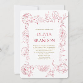 Invitación Elegante Boda de dibujo de línea floral de peones 