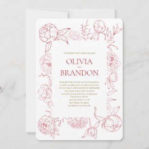 Invitación Elegante Boda de dibujo de línea floral de peones 