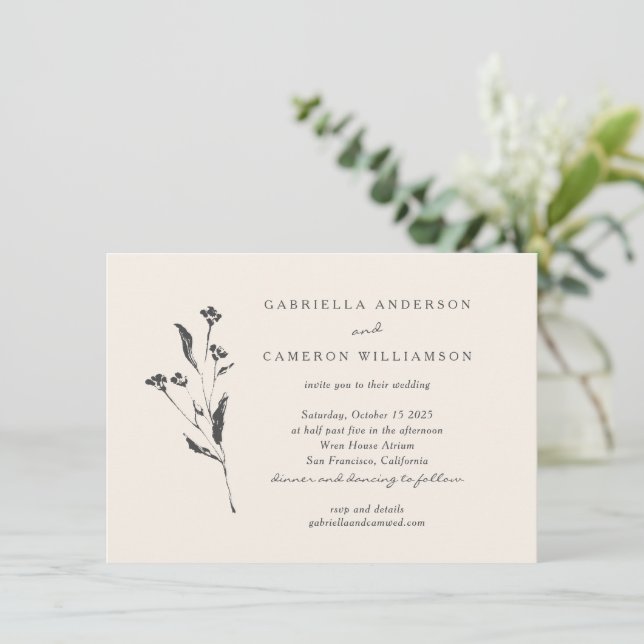 Invitación Elegante Boda de dibujo negro de marfil floral sim (Anverso de pie)