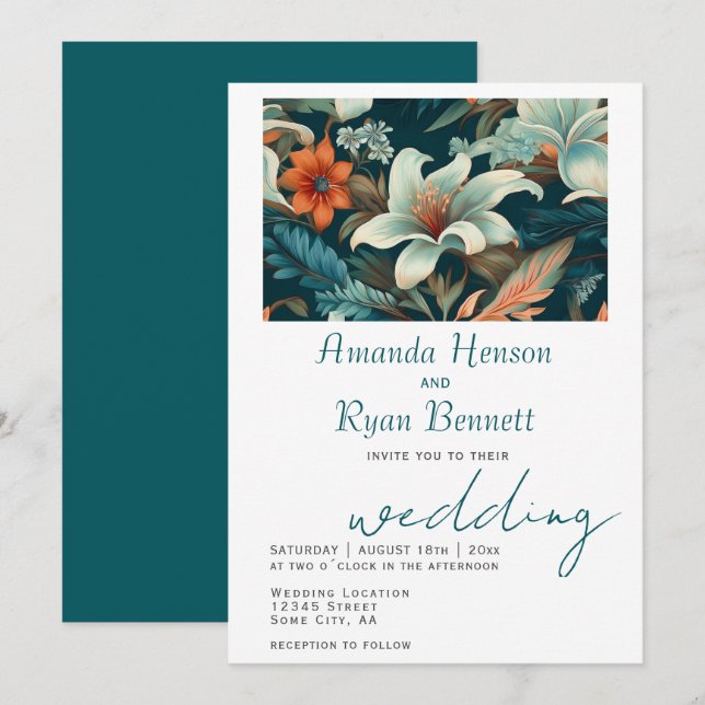 Invitación Elegante Boda de diseño botánico tropical floral (Anverso / Reverso)