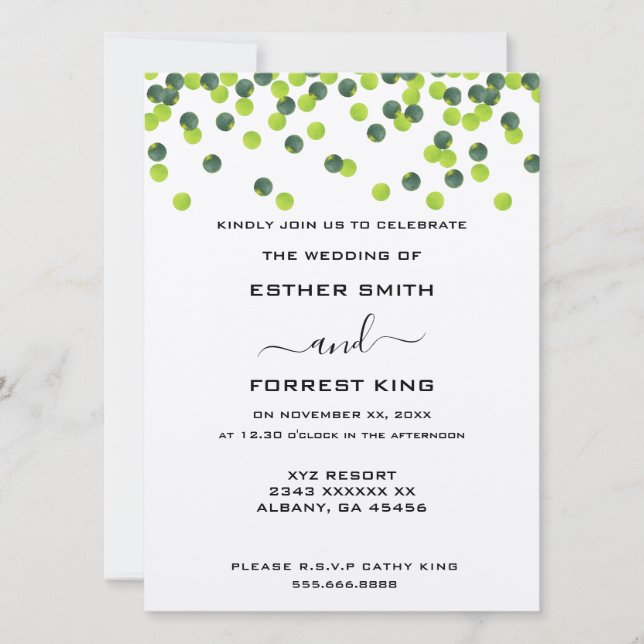Invitación Elegante Boda de diseño de puntos de polka verde a (Anverso)