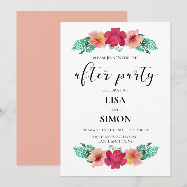 Invitación Elegante boda de diseño floral tras fiesta (Anverso / Reverso)
