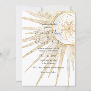 Invitación Elegante Boda de Doodles Dorados de la Luna de Sol