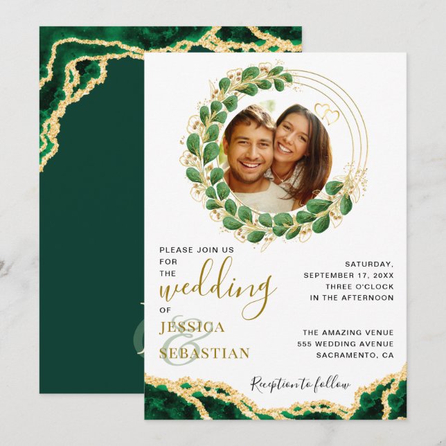 Invitación Elegante Boda de edad de eucalipto verde esmeralda (Anverso / Reverso)