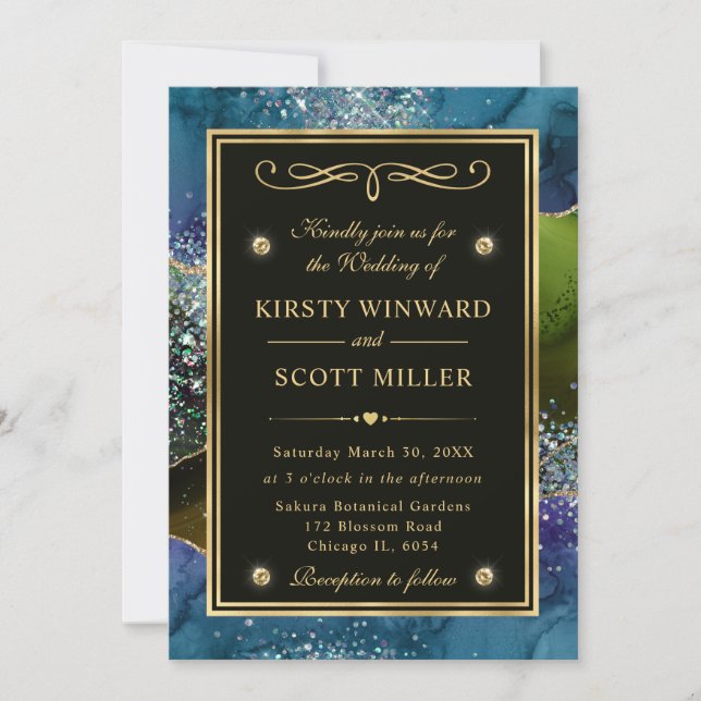 Invitación Elegante Boda de edad Purpurina azul, verde y dora (Anverso)