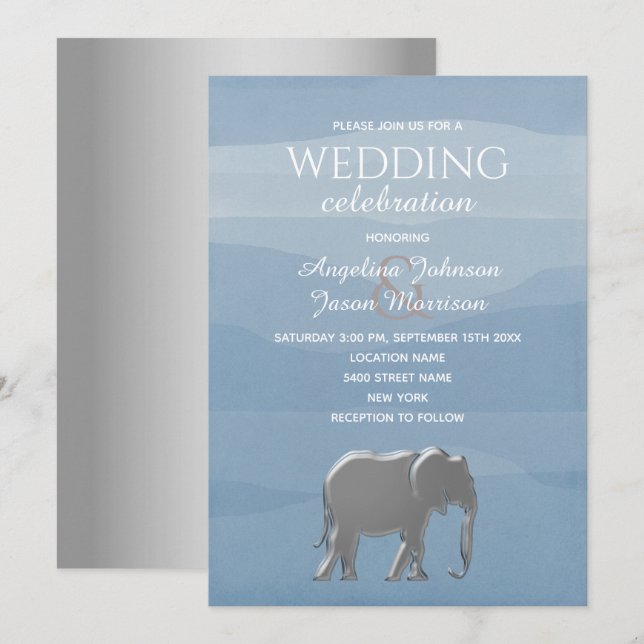 Invitación Elegante Boda de elefante dorado azul turquesa (Anverso / Reverso)