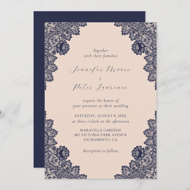 Invitación Elegante Boda de encaje azul de la Marina de Champ (Anverso / Reverso)