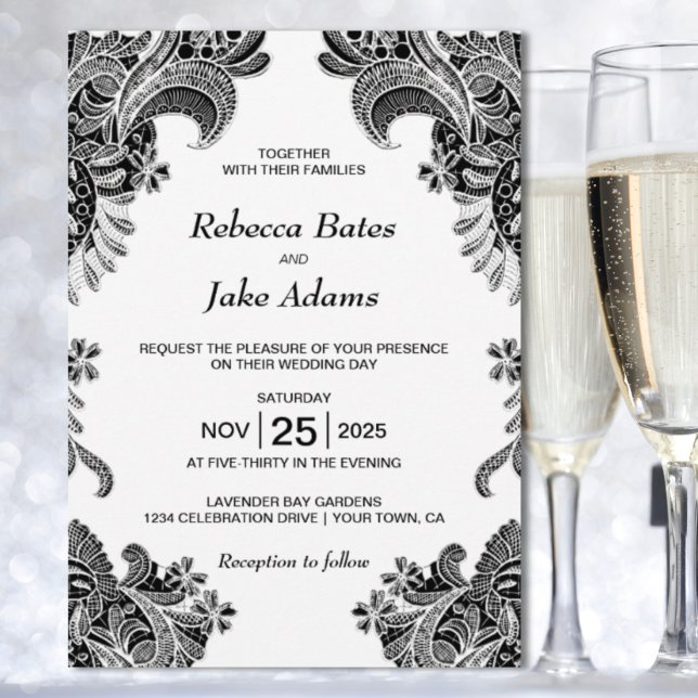 Invitación Elegante Boda de encaje blanco negro (Subido por el creador)