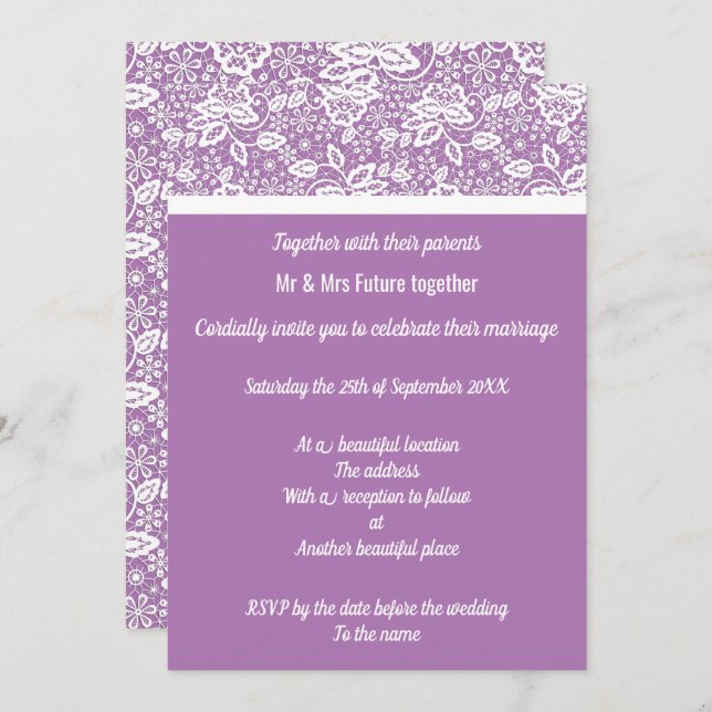 Invitación Elegante Boda de encaje blanco púrpura (Anverso / Reverso)