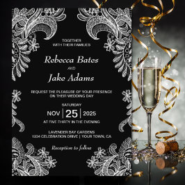 Invitación Elegante Boda de encaje blanco y negro