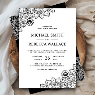 Invitación Elegante Boda de encaje blanco y negro
