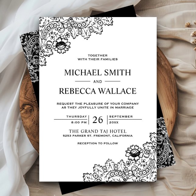 Invitación Elegante Boda de encaje blanco y negro (Subido por el creador)