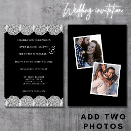 Invitación Elegante Boda de Encaje Blanco y Negro 2 Fotos