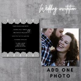 Invitación Elegante Boda de Encaje Blanco y Negro Foto