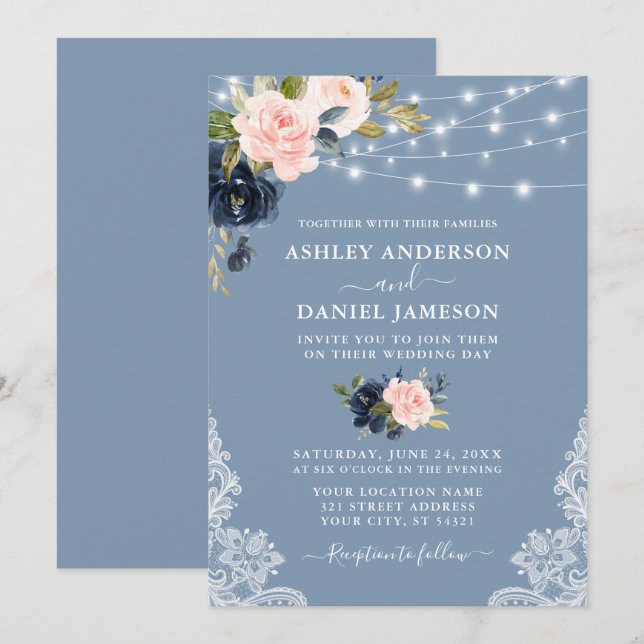 Invitación Elegante Boda de encaje con luces azul rosadas de  (Anverso / Reverso)