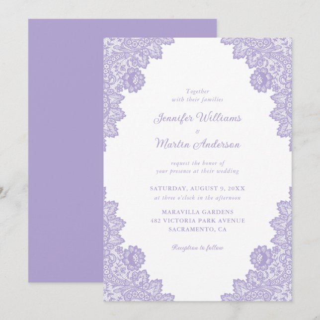 Invitación Elegante Boda de encaje de lavanda púrpura (Anverso / Reverso)