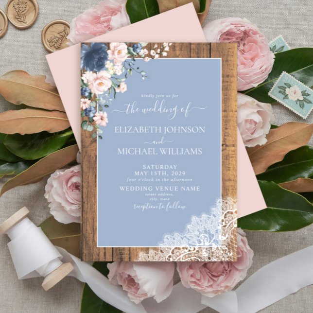Invitación Elegante Boda de encaje de madera rústica Rubor Du (Subido por el creador)
