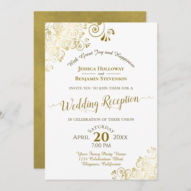 Invitación Elegante Boda de Encaje de Oro y Blanco Recepción  (Anverso / Reverso)