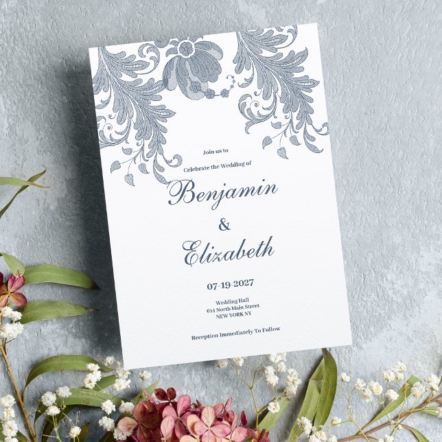 Invitación Elegante Boda de encaje floral azul malva blanca (Stylish white mauve blue floral lace Wedding )