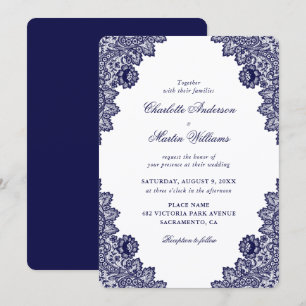Invitación Elegante Boda de Encaje Floral Azul Marino