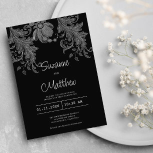 Invitación Elegante boda de encaje floral blanco y negro