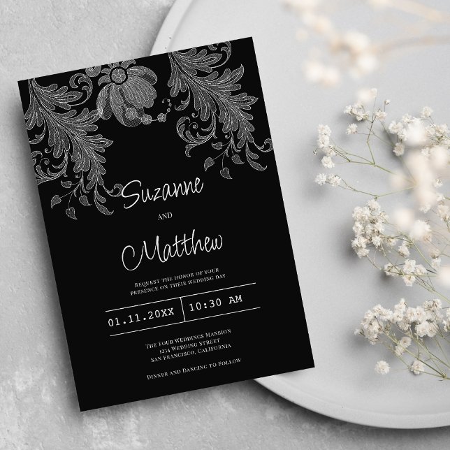 Invitación Elegante boda de encaje floral blanco y negro (Elegant black and white floral lace wedding)