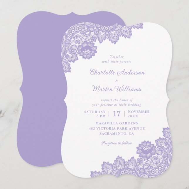 Invitación Elegante Boda de encaje floral de Lavanda (Anverso / Reverso)