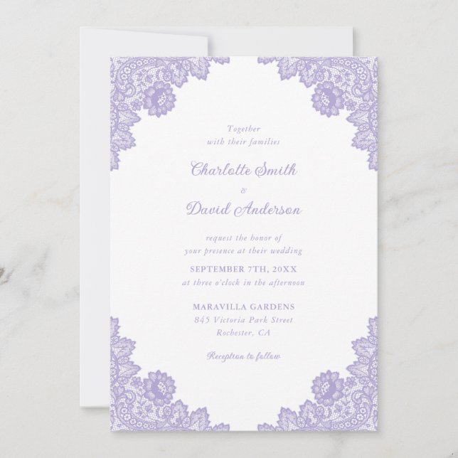 Invitación Elegante Boda de encaje floral de Lavanda (Anverso)