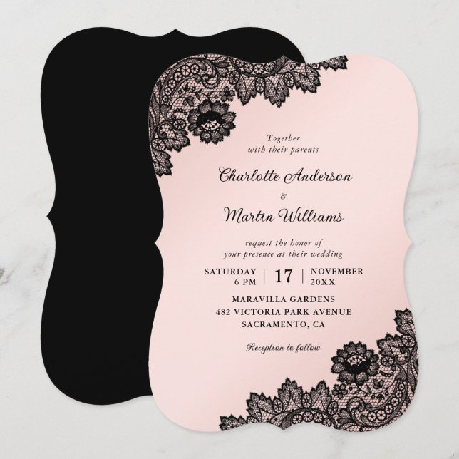 Invitación Elegante Boda de encaje floral formal negro y rosa (Anverso / Reverso)