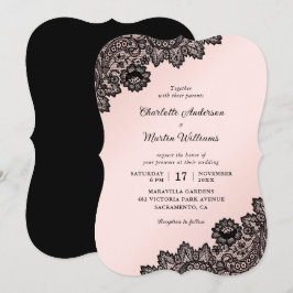 Invitación Elegante Boda de encaje floral formal negro y rosa