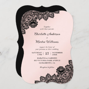 Invitación Elegante Boda de encaje floral formal negro y rosa