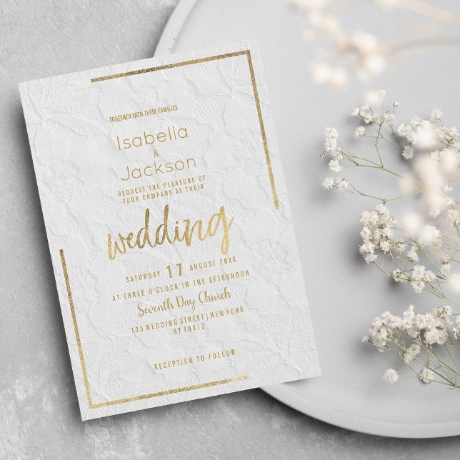 Invitación Elegante Boda de encaje floral francés de oro blan (Elegant white gold french floral lace Wedding Invitation)