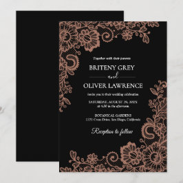 Invitación Elegante Boda de encaje floral negro y Rosa