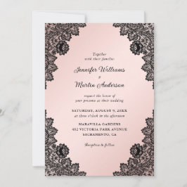 Invitación Elegante Boda de encaje floral negro y rosa Rubor