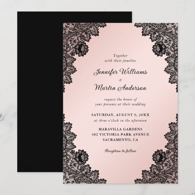 Invitación Elegante Boda de encaje floral negro y rosa Rubor (Anverso / Reverso)